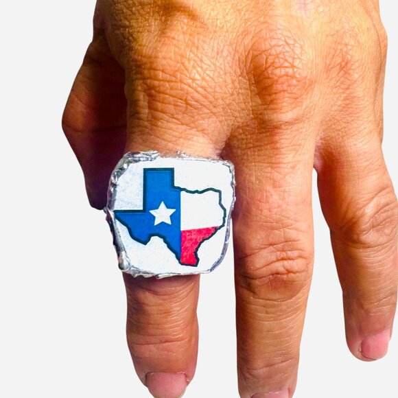 Broken China Texas Flag Ring Handcrafted With Silver Alloy Metalwork Boho Style - Picture 5 of 14